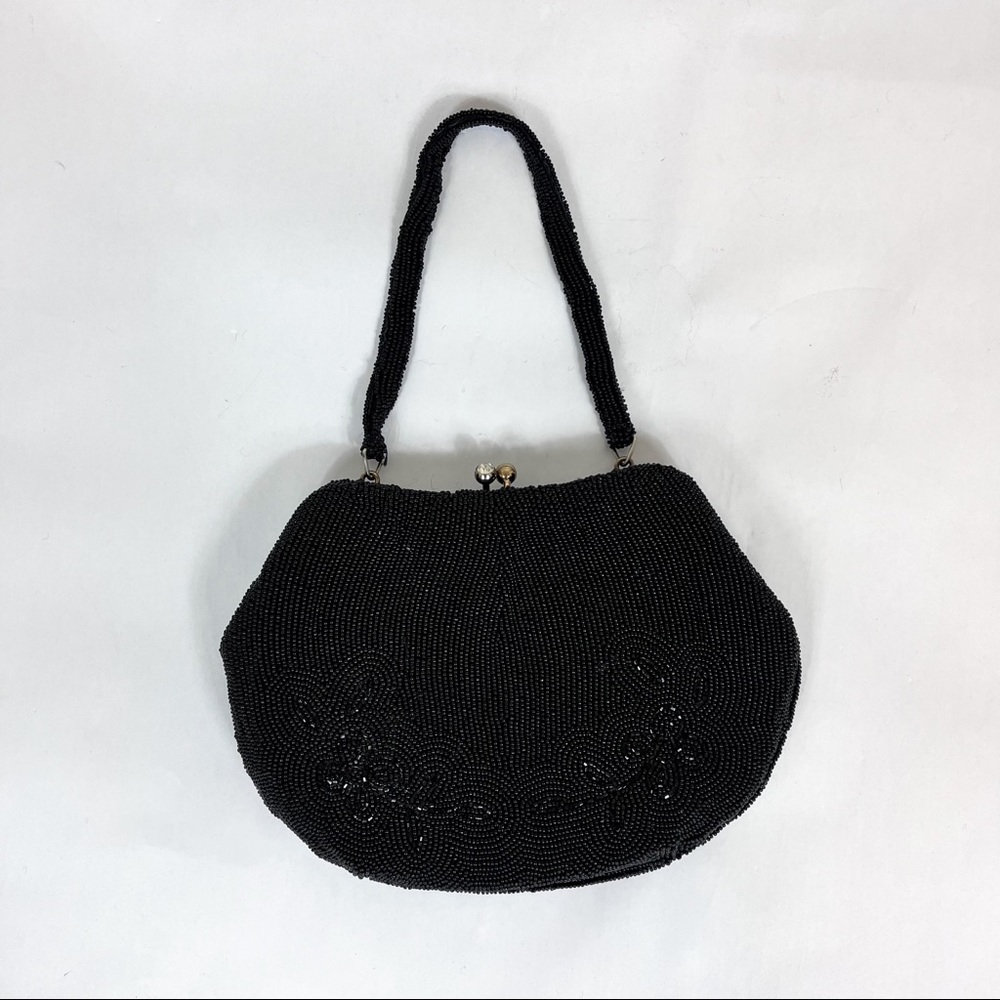 Black Beaded Sequins Evening Bag Purse W/Strap Glass Kiss Clasp VTG Delill